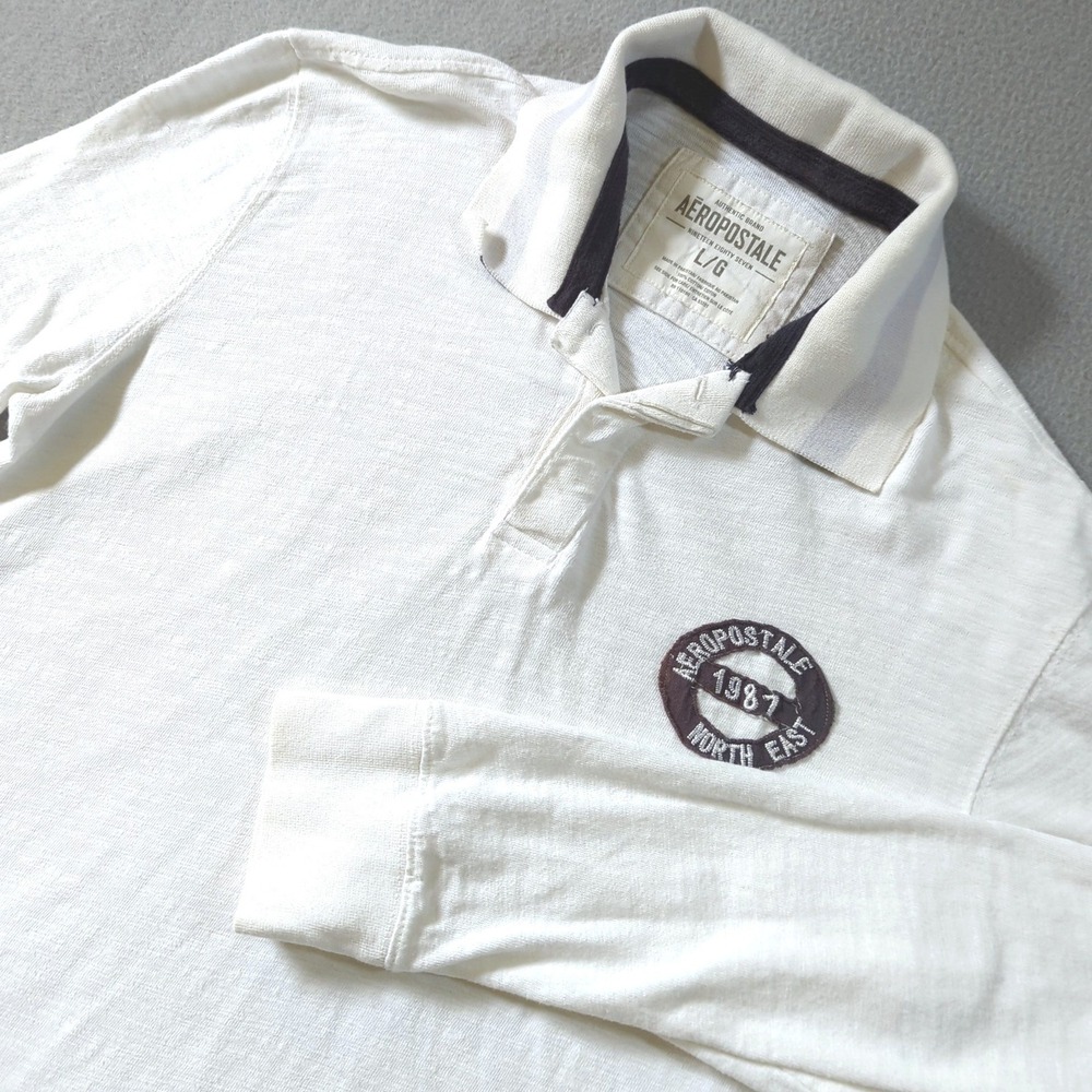 Aeropostale Rugby Long Sleeve Polo Mens Large White Slub Knit Patch Stripe Shirt